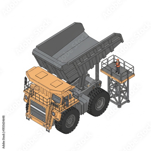 Large yellow mining dump truck with operator control platform.