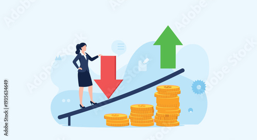 Financial decision concept with a woman balancing on a seesaw between rising green arrows and falling red arrows with coins.
