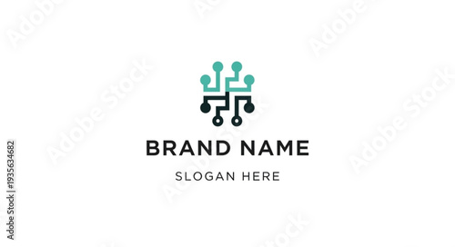 Modern Minimalist Circuit Board Logo Design Template with Brand Name and Slogan Placeholder.