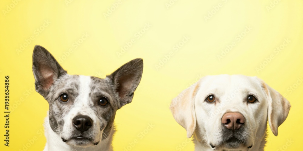 Obraz premium Dogs look directly at the camera against a solid background. Mixed breed and labrador dogs show their heads against yellow. Portraits of two dogs are centered against a vivid yellow wall.