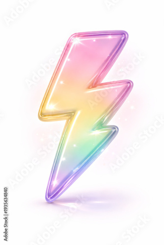 Vibrant 3D Rainbow Lightning Bolt Icon: Glossy Gradient Energy Symbol with Sparkling Highlights on White Background - Perfect for Dynamic Design Projects, Youthful Branding, and Playful Digital Media