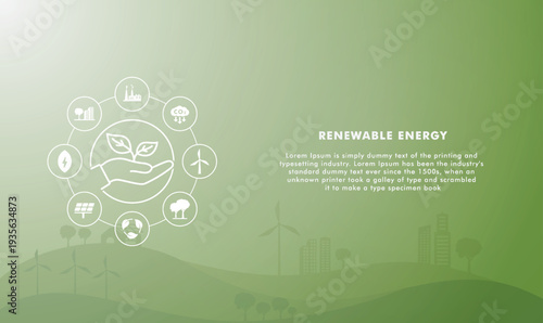 ESG as environmental social and governance infographic, green city and renewable energy, solar panel, wind turbine, forest tree