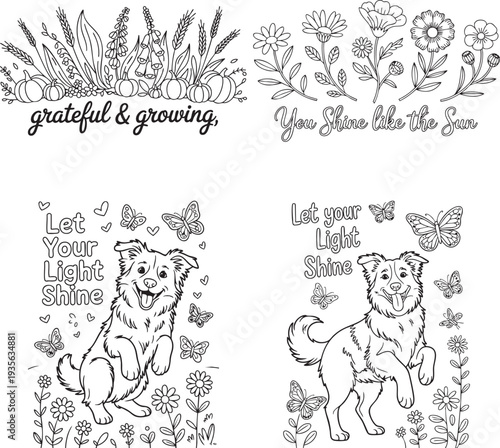 Black and white line of a happy dog surrounded by butterflies and flowers Coloring Book page Bundle