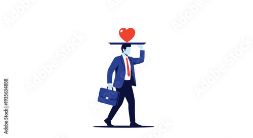 Dedicated businessman carrying a red heart on a tray symbolizing empathy and emotional intelligence in the professional work environment.