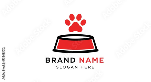 Pet Food Logo Template with Dog Paw Print and Bowl Design.