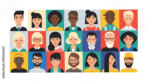 Diverse collection of colorful flat design human avatars representing people from various ethnic backgrounds and different age groups.