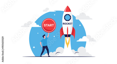 Determined businessman pressing a start button to launch a space rocket symbolizing the beginning of a new business project.