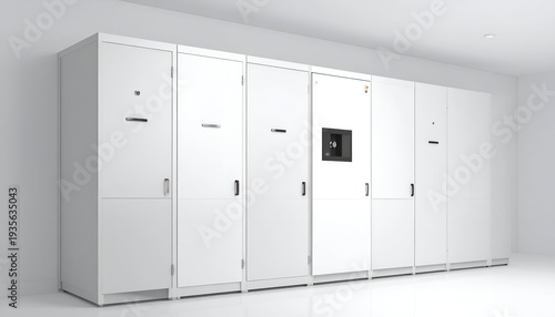 A row of large, white electrical cabinets against a white wall in a clean environment