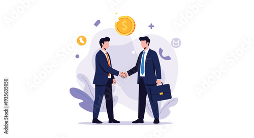 Two professional businessmen shaking hands to seal a successful financial deal with a golden coin symbol floating above them.