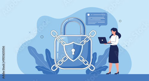 Cyber security expert using laptop to manage advanced data protection systems represented by a large chained padlock and shield.
