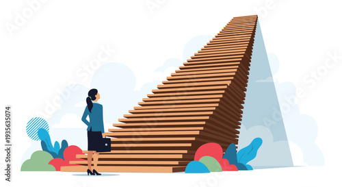 Ambitious businesswoman looking up at a very high and winding wooden staircase representing a long and challenging career path.