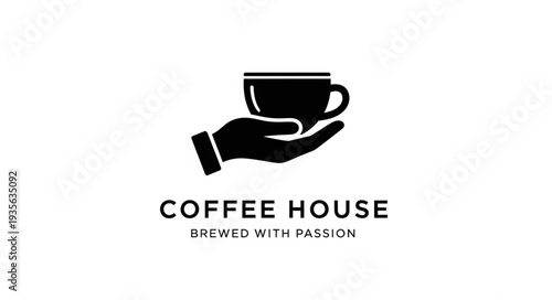 Coffee House Logo Design with Hand Holding Coffee Cup.