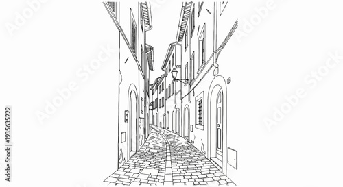 An old cobblestone street winds between tall, ancient buildings with arched doorways
