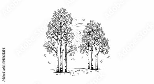 Black and white sketch of birch trees in autumn with falling leaves