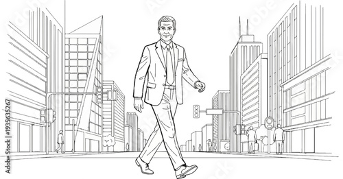 Businessman confidently walking across a city street during the day
