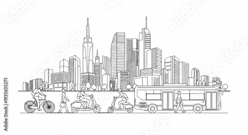 City skyline with diverse transportation options and pedestrians depicted