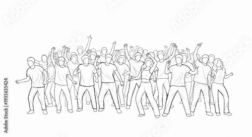 Energetic crowd with raised fists and arms, dynamic line art