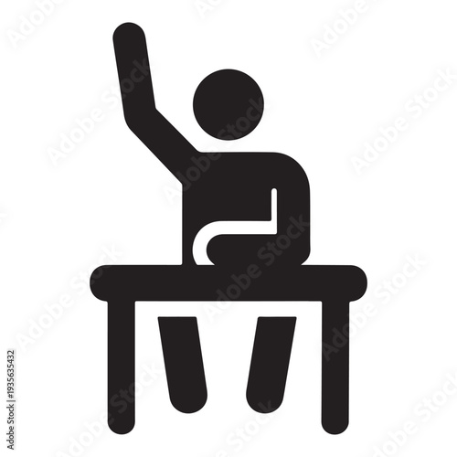 This is a stylized black-and-white icon depicting a person seated at a desk. The figure has one arm raised high above their head, a gesture universally recognized as asking a question or volunteering 