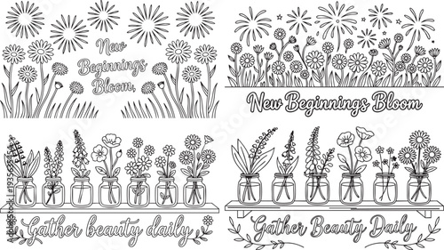 Black and white line of flowers in jars fireworks and inspirational text Coloring Book page Bundle