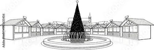 Festive outdoor market scene with decorated Christmas tree and circular fountain