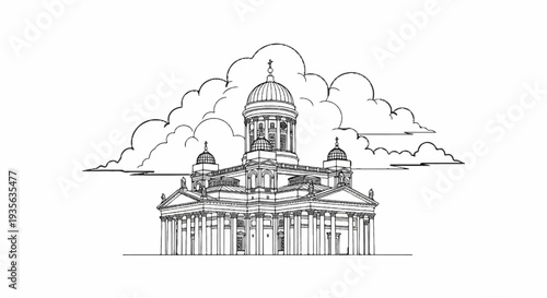 Grand domed building with columns, set against stylized clouds