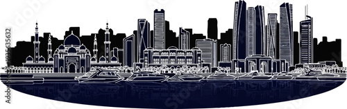 Modern city skyline with historical structures and yachts on water