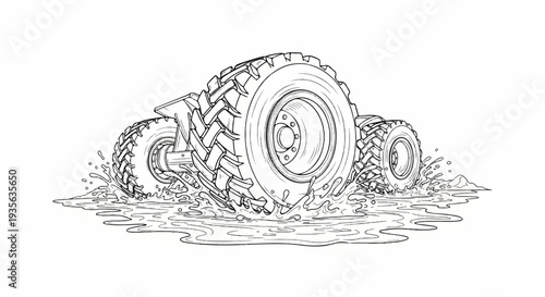 Large tractor tires splash through muddy water in sketch art