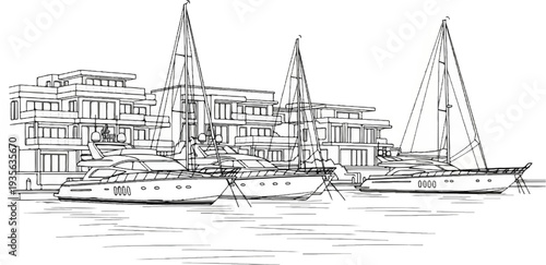 Modern yachts and buildings line art in a harbor