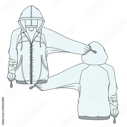 Women’s cotton knit hoodies design technical flat sketch vector mockup template.