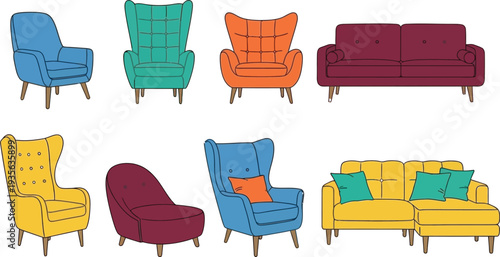Vintage colorful furniture set with chairs and sofas in various hues
