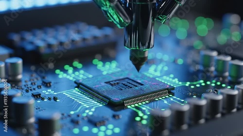 Microchip Manufacturing Process with Robotic Arm.