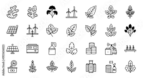 Set of 35 Green Energy and Nature Line Icons Vector isolated PNG with Transparent Background