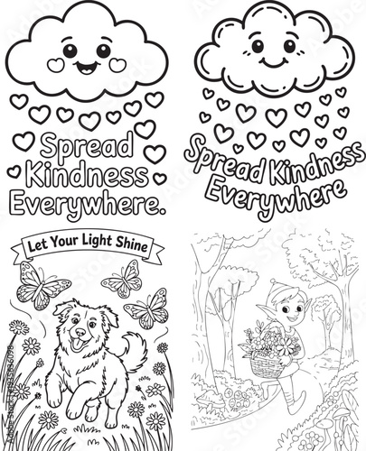 Cloud raining hearts spread kindness everywhere dog butterflies and elf Coloring Book page Bundle