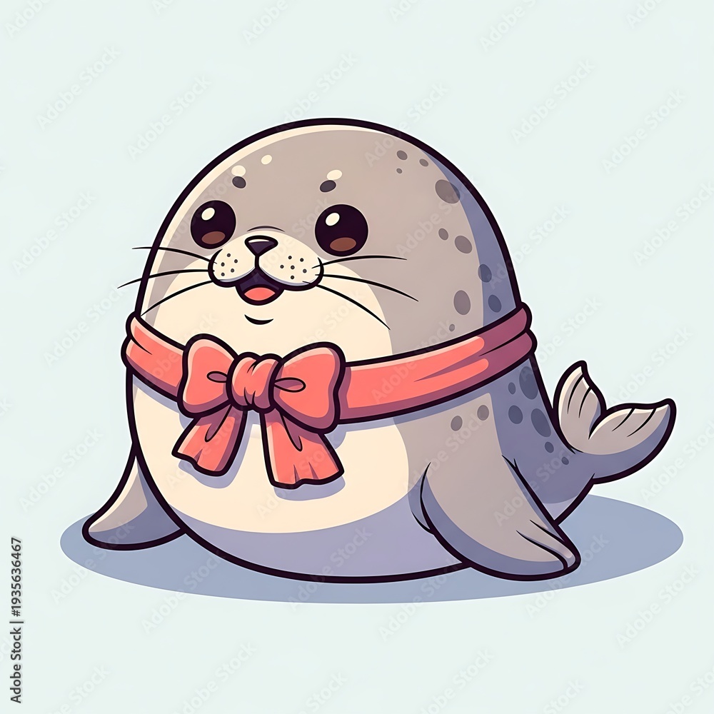 Fototapeta premium Adorable Seal Cartoon Character with Bow.