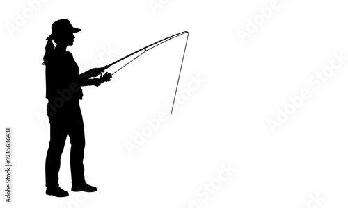 Silhouette of a woman wearing a hat holding a fishing rod and reel