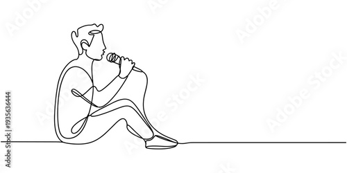 man sitting and holding a microphone continuous one line drawing, Self drawing of one single line draw young male rock singer holding microphone singing on music festival stage.