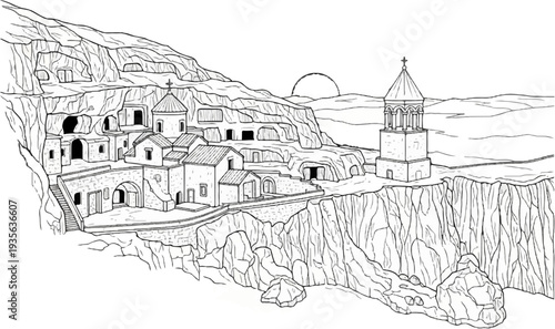 Ancient monastery carved into a cliff face, with a bell tower and sun