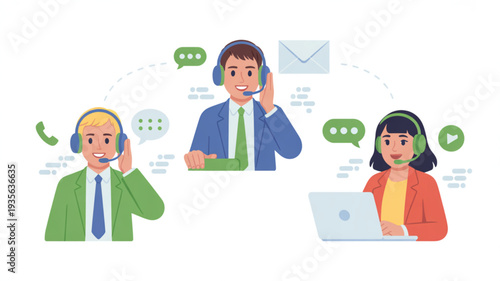 Customer service team working with headsets and laptop communicating with clients online