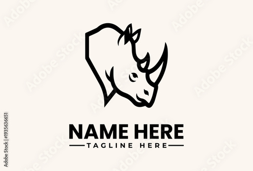 A black logo featuring a stylized rhinoceros head with a bold, modern design and placeholder text for a name and tagline on a beige background.