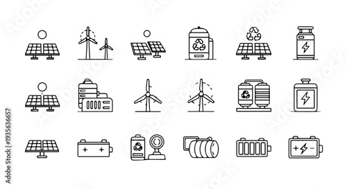 Set of 18 Renewable Energy Line Icons Vector isolated PNG with Transparent Background