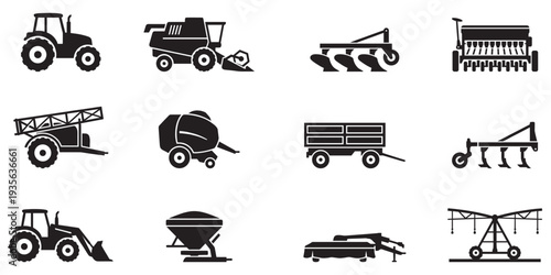 Agricultural machinery and farming equipment icon set. Flat vector illustrations of tractor, combine harvester, plow, and irrigation system isolated on white background. Vector Illustration.
