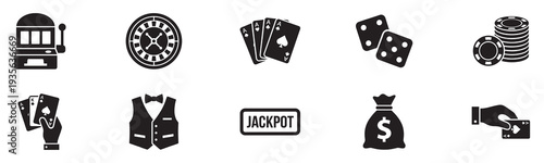 Casino and gambling icon set. Black flat vector illustrations of slot machine, roulette, playing cards, dice, and poker chips isolated on white background. Vector Illustration.