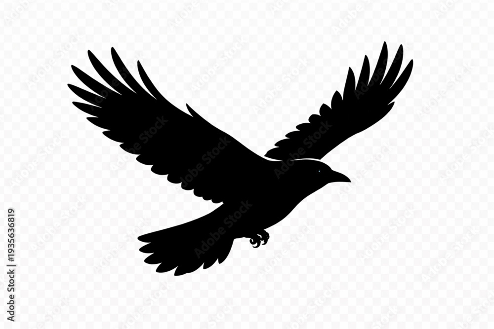 Obraz premium Striking Black Bird in Flight Silhouette Vector - Majestic Crow or Raven with Spread Wings Icon - Symbol of Freedom, Power, and Mystery for Your Designs