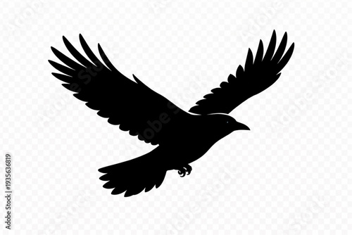 Striking Black Bird in Flight Silhouette Vector - Majestic Crow or Raven with Spread Wings Icon - Symbol of Freedom, Power, and Mystery for Your Designs