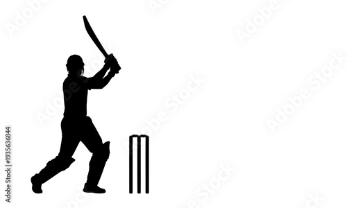 Cricket player silhouette hitting a ball with bat near the wickets
