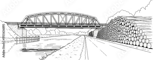 A steel truss bridge spans a calm river next to a road piled with logs