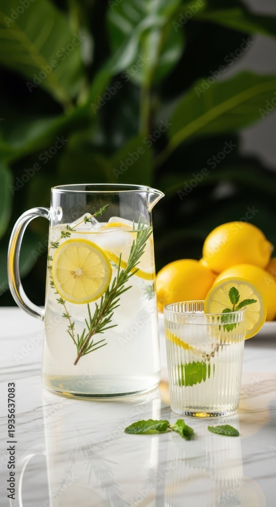 Fototapeta premium Citrus Infusion: A refreshing composition of a glass of lemonade, featuring ice, herbs, and lemon slices, complemented by a full pitcher and fresh lemons, suggesting natural refreshment.