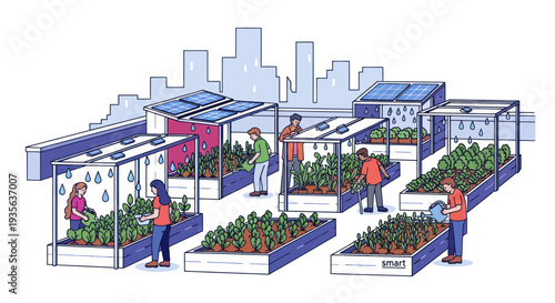 Urban Farming Rooftop Garden with Solar Panels and Smart Irrigation