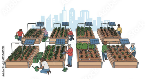 Urban Farming Community Garden with Solar Panels and City Skyline