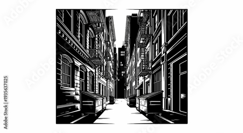 Comic style drawing of a dark city alley with dumpsters